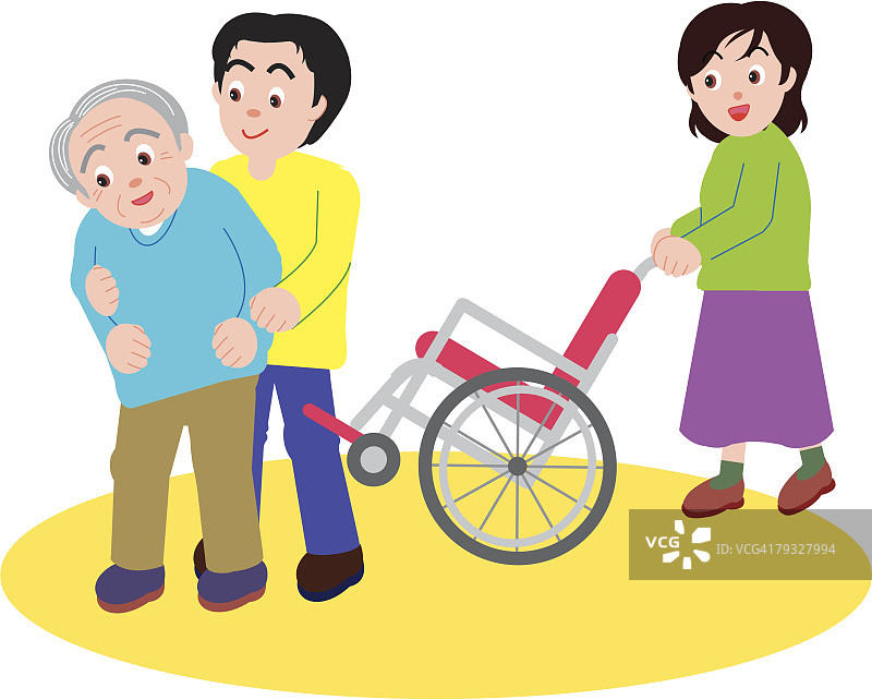 女人和男人帮助老人坐在轮椅上图片素材