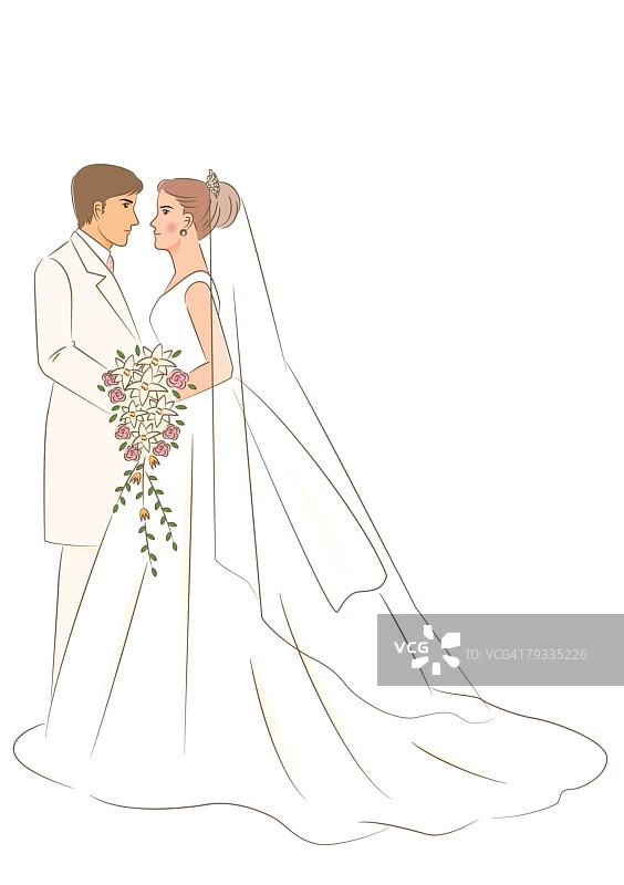 新婚夫妇面对面站立，侧视图片素材