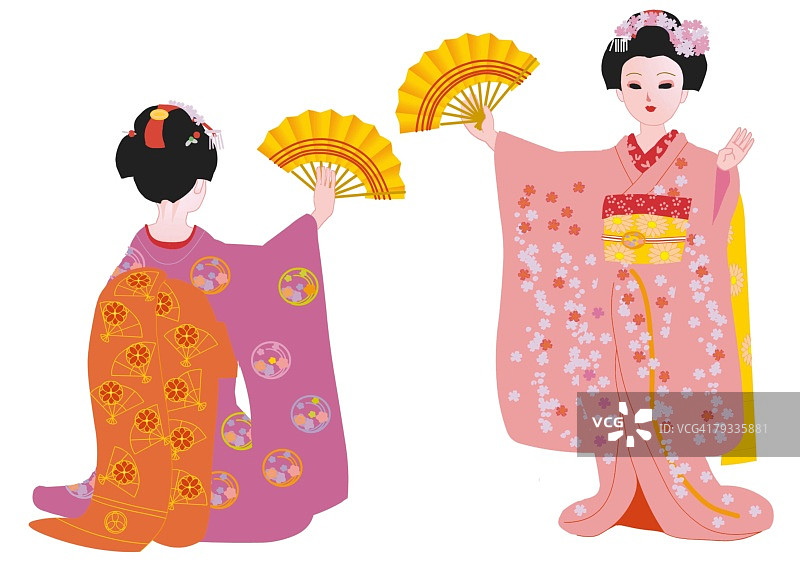 日本，两名女子穿着日式服装，手拿折扇跳舞图片素材