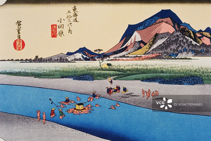 江户时代小田原风光、绘画、木刻、日本木版、高角度观图片素材