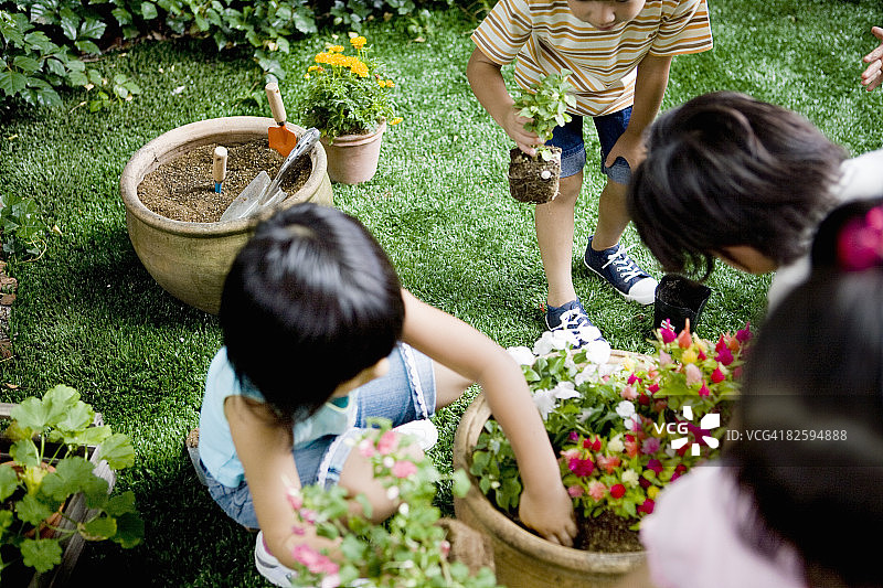 孩子们在花盆里种花图片素材