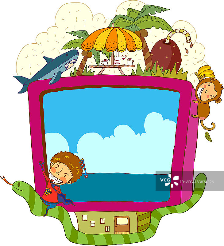 有猴子、蛇、天篷和茶点的电视机插图图片素材
