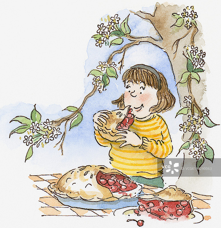 漫画中的女孩坐在树下，期待地盯着她举到嘴边的樱桃派图片素材
