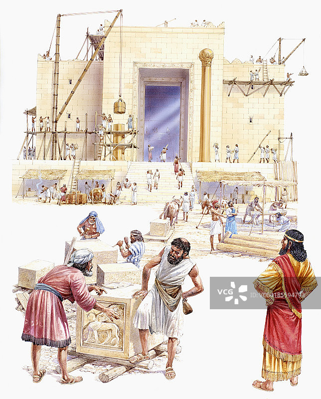 奴隶建造庙宇的插图，所罗门双手叉腰站在那里观看图片素材