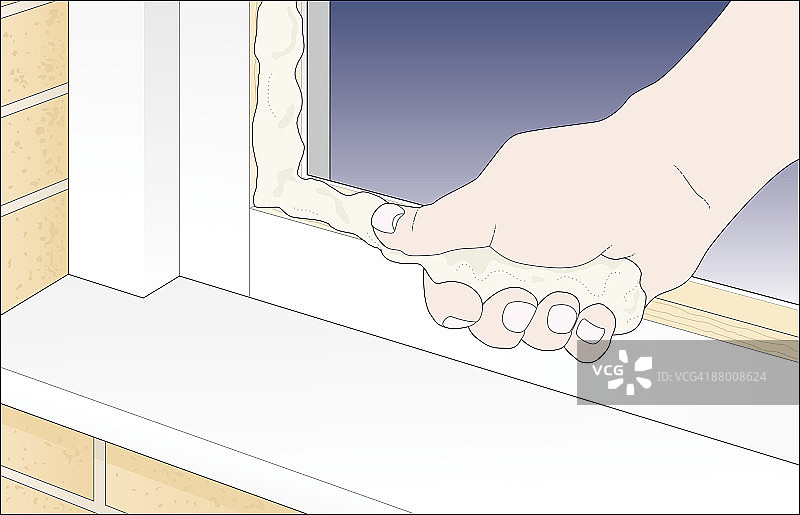 数字插图显示如何用拇指粘玻璃腻子到窗框边缘图片素材
