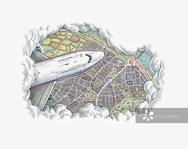 商业飞机在城市和乡村上空飞行的插图图片素材
