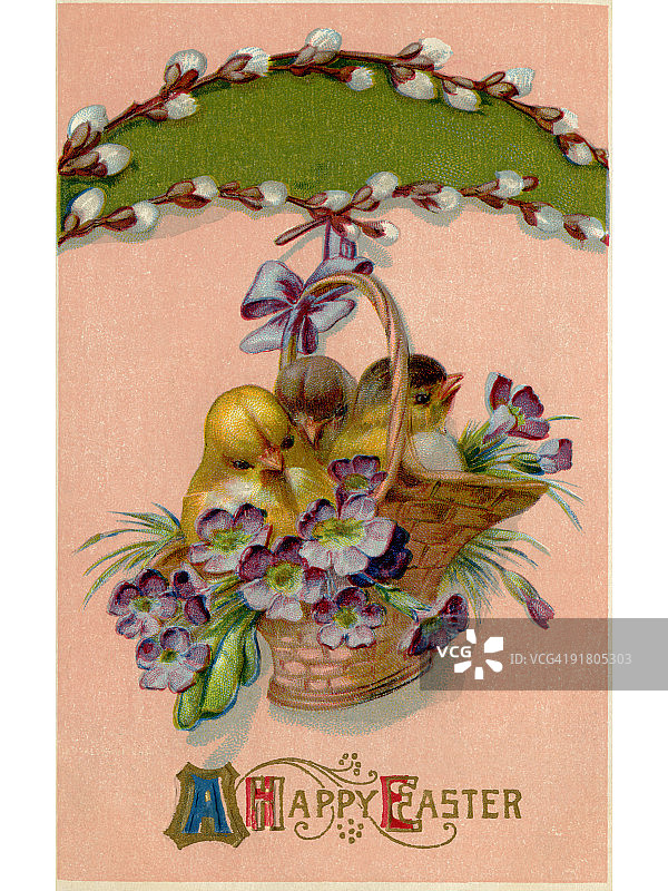 这是一张复古的复活节明信片，上面有一篮子小鸡和紫罗兰挂在一根小柳枝上图片素材