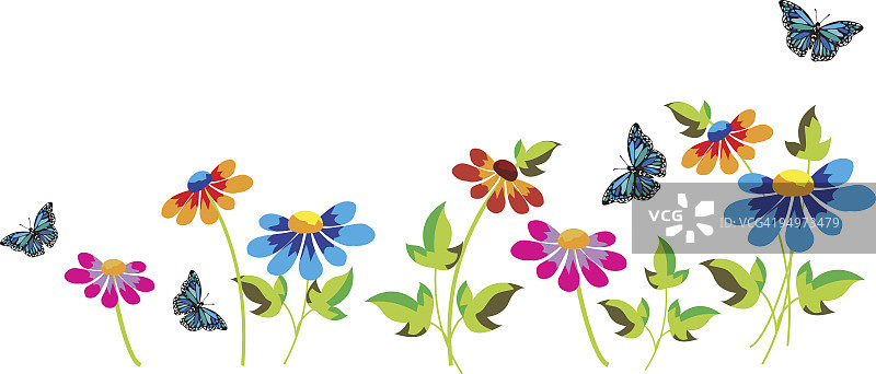 明亮的花卉元素与夏季盛开的花和飞舞的蝴蝶图片素材