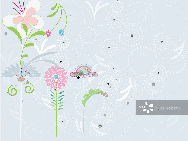一组花卉和一只蝴蝶的插图，点缀着蓝白相间的背景图片素材