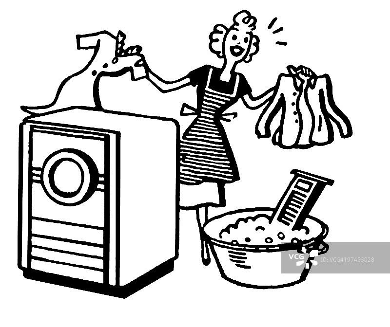 一个黑白版本的卡通风格的复古插图，一个女人正在洗衣服图片素材