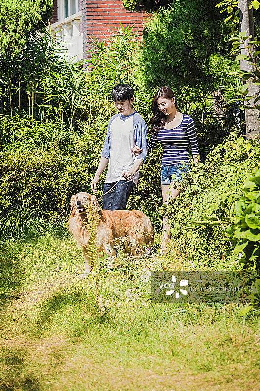 一对夫妇和狗在院子里散步图片素材