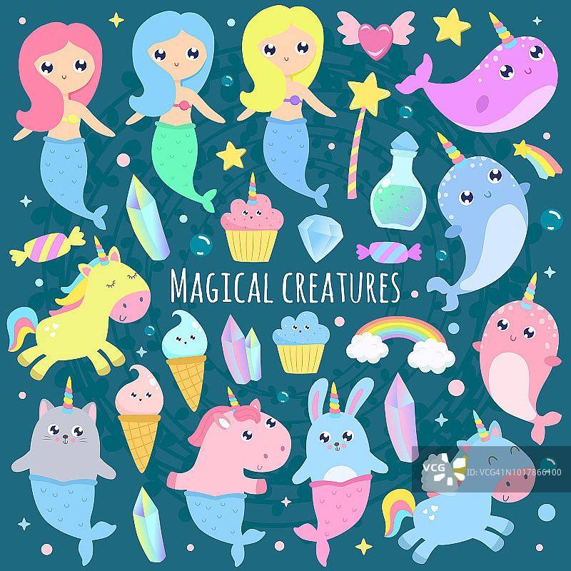 神奇的生物。独角鲸，独角兽美人鱼，兔子美人鱼，猫美人鱼，飞马，魔法物品矢量插图图片素材