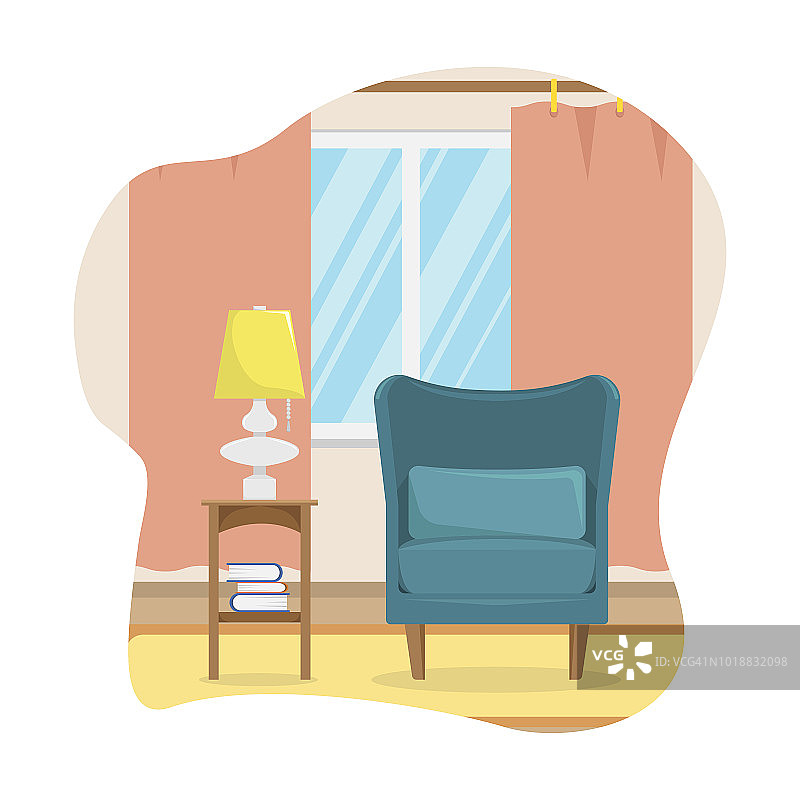 平面矢量插图的客厅与椅子和台灯。图片素材
