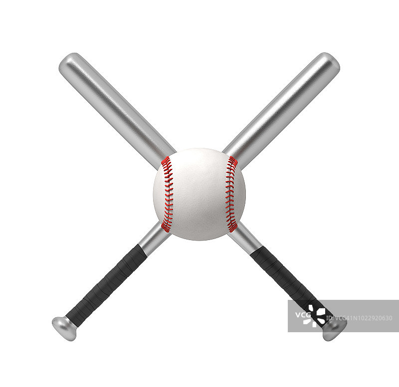 3d渲染的两个钢棒球棒做一个十字形状与一个巨大的白色棒球在他们前面图片素材