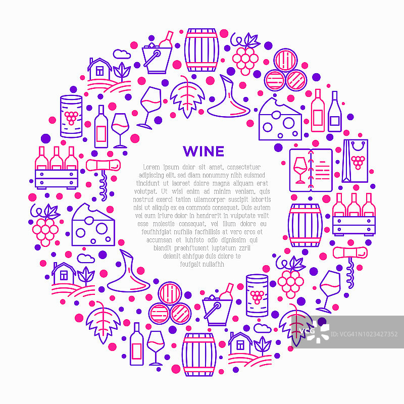 酒的概念在圆圈与细线图标:螺丝钻，酒杯，软木塞，葡萄，桶，列表，醒酒器，奶酪，葡萄园，桶，商店，交付。现代矢量插图，打印媒体模板。图片素材