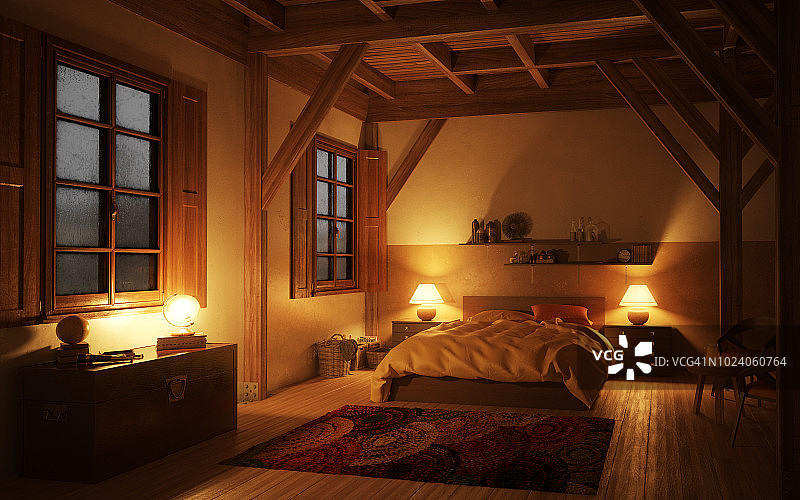 舒适而质朴的卧室(夜晚)图片素材