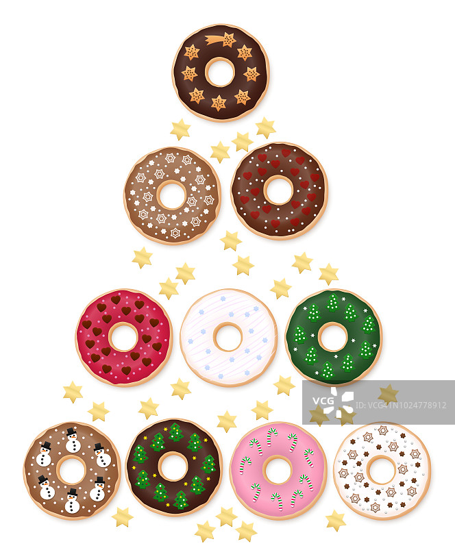 甜甜圈圣诞树。特别收藏十个节日装饰甜甜圈。圣诞快乐!图片素材