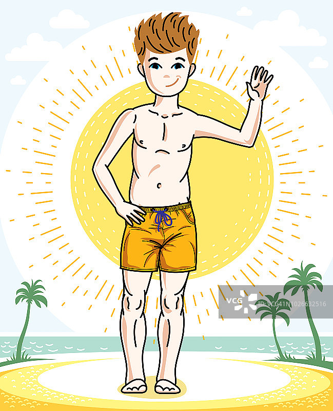 孩子年轻的男孩可爱的站在五颜六色的时尚沙滩短裤。向量有吸引力的孩子插图。童年生活剪辑艺术。图片素材