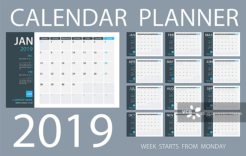 日历计划2019 -矢量模板。工作日从星期一开始图片素材