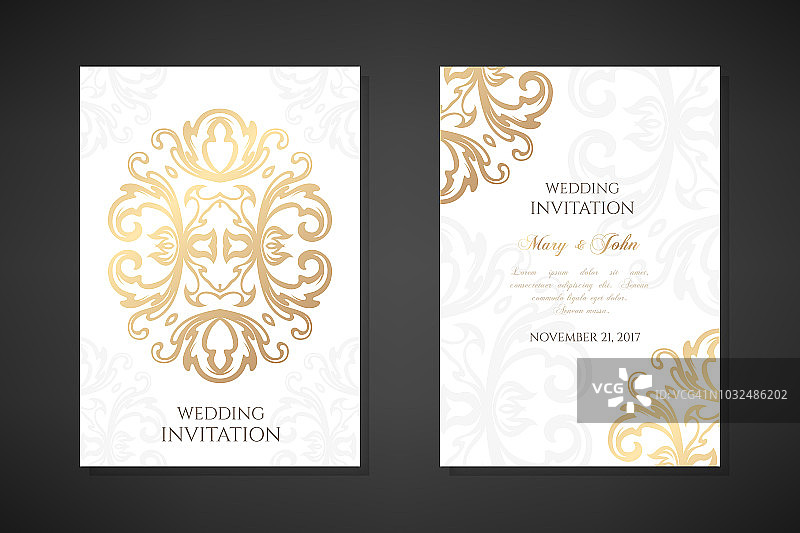 婚礼邀请函模板。封面设计与装饰品和白色背景。矢量装饰垂直海报与复制空间。图片素材