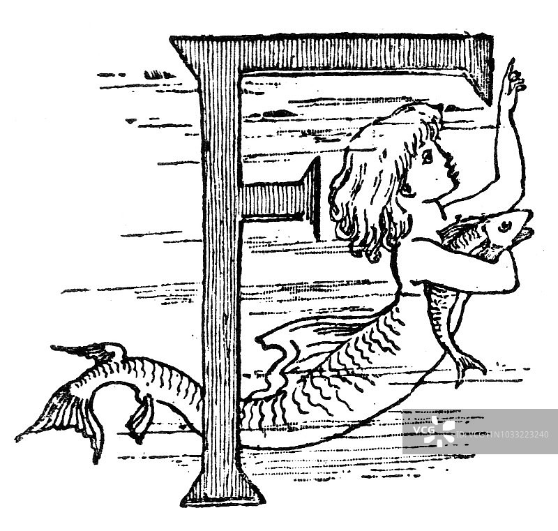 维多利亚黑白滴首字母F与美人鱼;英语画报杂志1892年图片素材