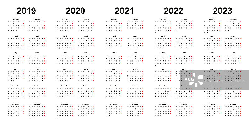 日历2019年、2020年、2021年、2022年、2023年，白色背景，简洁设计图片素材