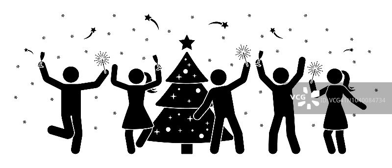 简笔画人物在新年派对图标。快乐的男男女女在树上象形文字旁跳舞图片素材