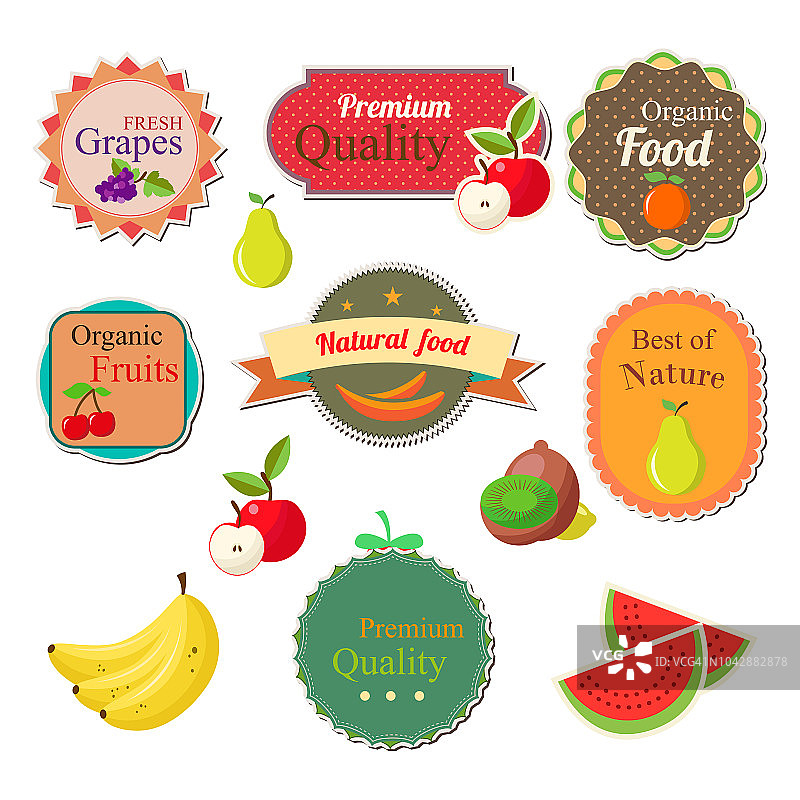 收集新鲜水果，标签，徽章和图标上的白色背景图片素材