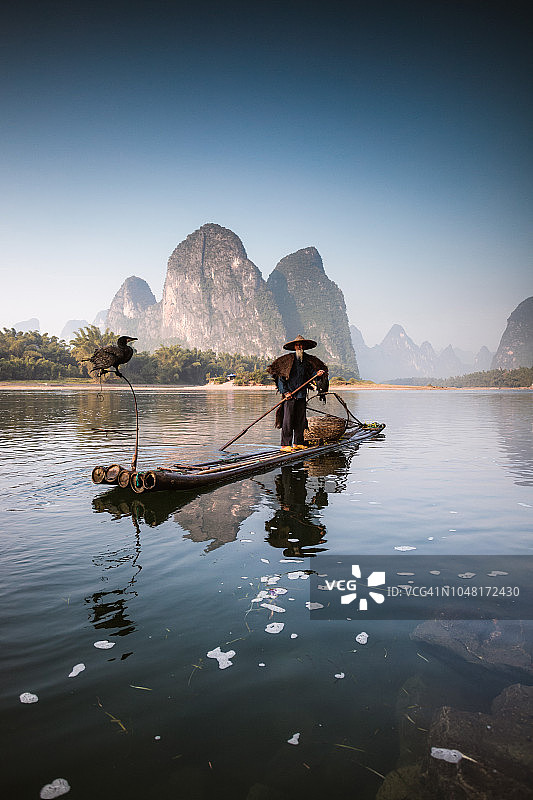 中国老渔民和鸬鹚图片素材