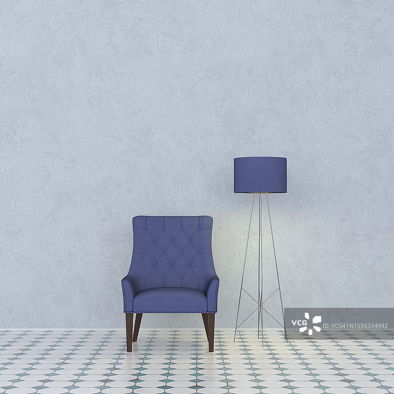 3D渲染，蓝色扶手椅和落地灯靠大理石墙面图片素材
