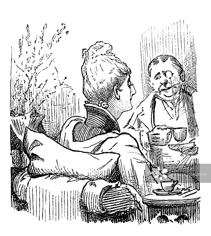 英国伦敦讽刺漫画漫画漫画插图:夫妇喝茶图片素材