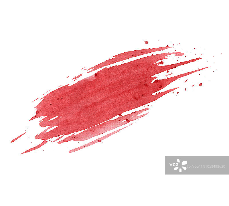 手绘红色水彩污点纹理与飞溅孤立在白色背景。枯燥乏味的设计。图片素材
