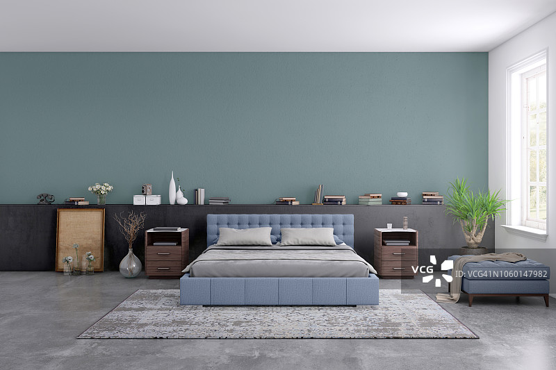 现代卧室内部与空白墙的复制空间图片素材