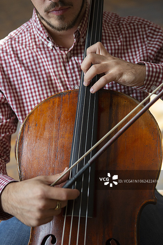 大提琴手演奏大提琴，手握管弦乐器图片素材