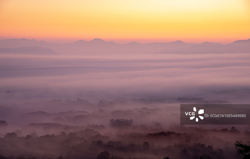 日出时笼罩山谷的薄雾给田野带来了美丽的色彩图片素材