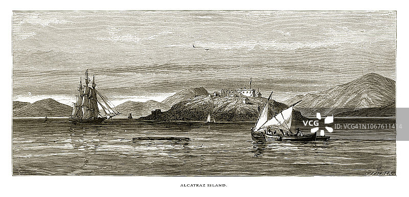 美国加州海岸金门的恶魔岛，美国维多利亚版画，1872年图片素材