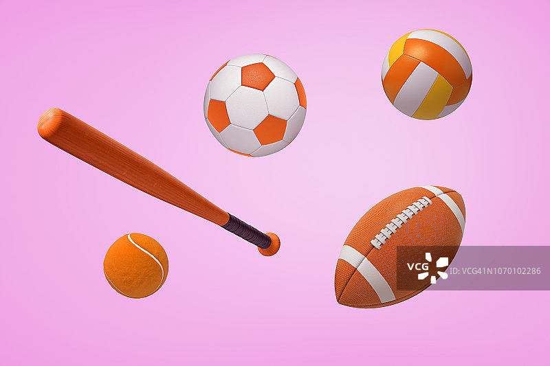 足球，美式足球和网球的几个橙色球的3d渲染，与一个棒球棒在一个粉红色的背景。图片素材