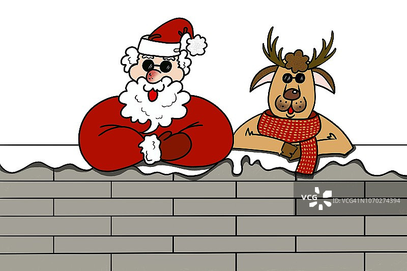 圣诞老人和戴着墨镜的驯鹿在墙上隔离白色的背景图片素材
