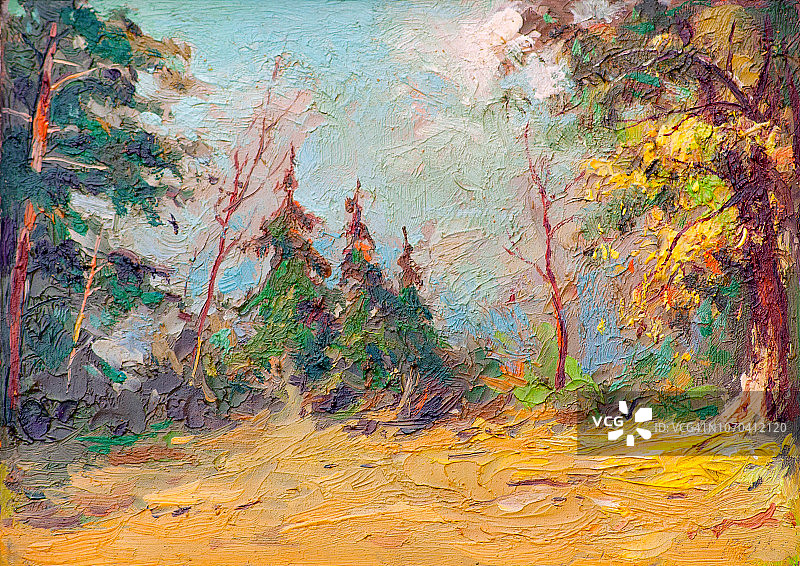 描绘秋天森林的油画山水画图片素材