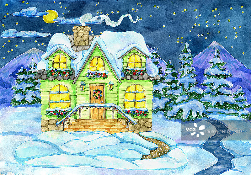 冬季插图与装饰小屋和冷杉森林冰河图片素材