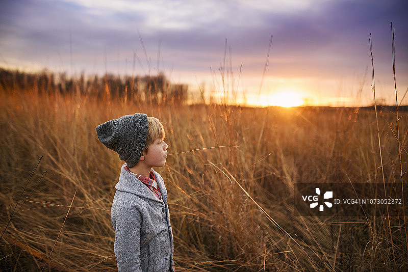 男孩站在夕阳下的田野里嚼着一片长草，美极了图片素材