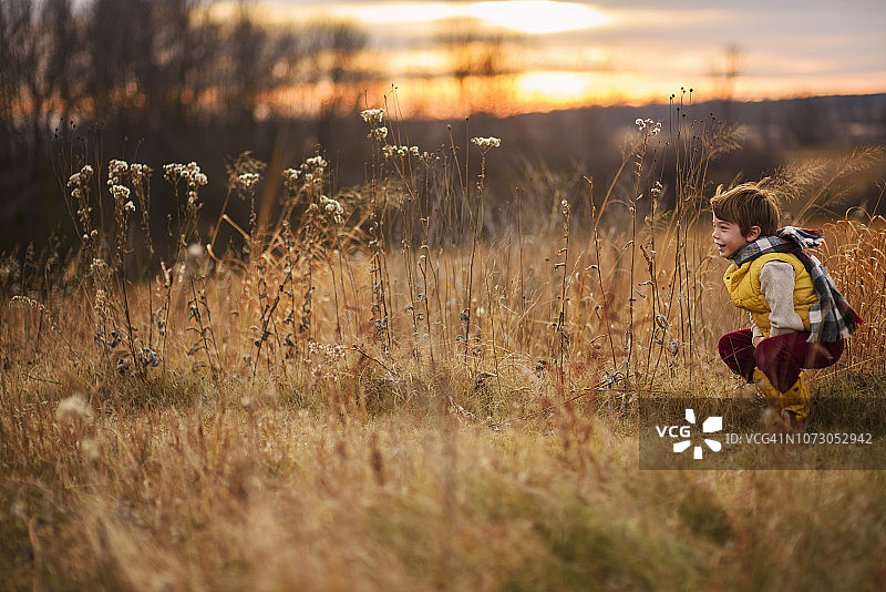 微笑的男孩蹲在田野里，美图片素材