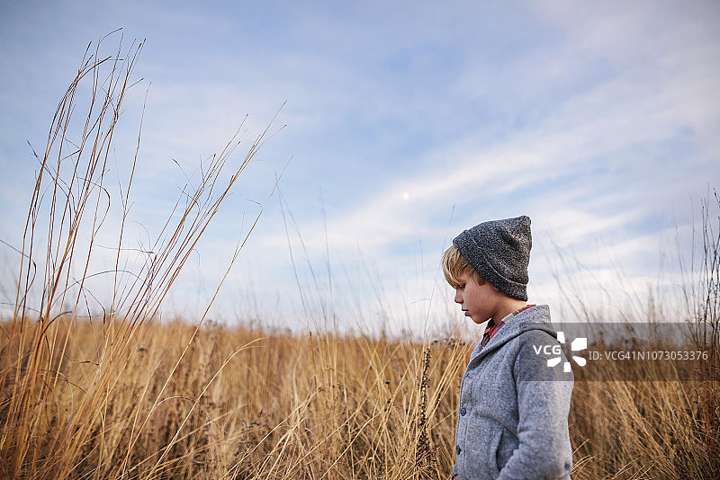 一个男孩站在田野里的肖像，美国图片素材