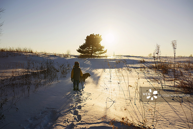 男孩穿过田野在冬天的雪，美国图片素材