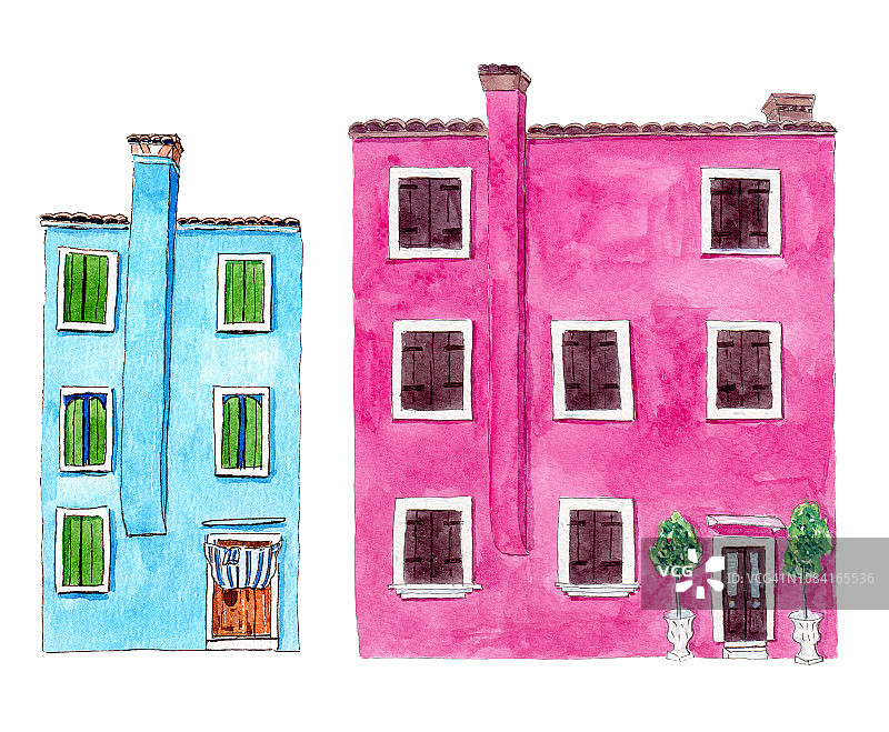一套水彩彩色插图的房子从布拉诺图片素材