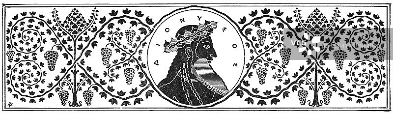 维多利亚时代的黑白装饰页标题雕刻的罗马/希腊神巴克斯被拼接葡萄藤包围;19世纪的葡萄酒和饮品;1892年英语了图片素材
