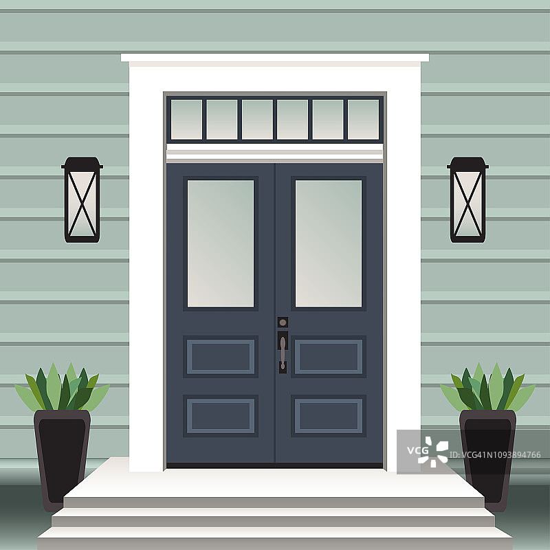 房屋门面有门阶、窗、灯、盆花、建筑入口立面、外部入口设计插图矢量为平面风格图片素材