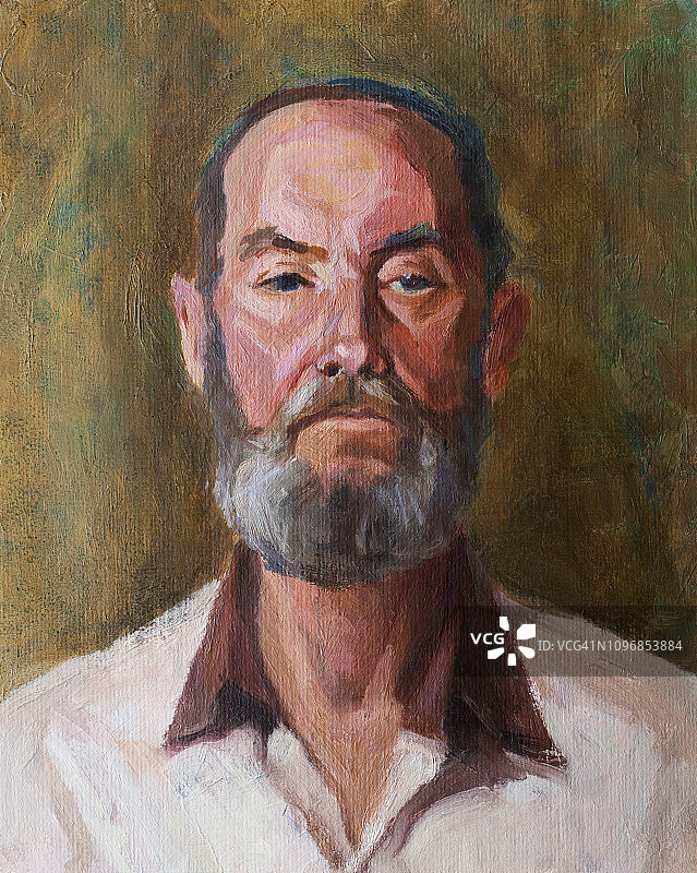 时尚的插画现代艺术作品我的油画原画在画布上印象派的垂直肖像一个老人的胡子在一个白色的衬衫和一个黑色的领子图片素材