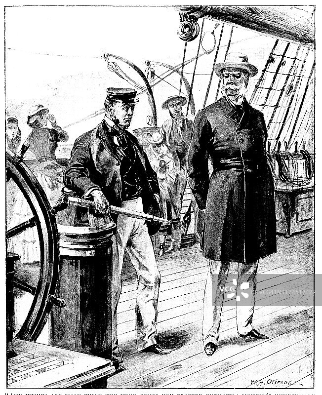 维多利亚时代的黑白故事版画，一个男人站在甲板上与船长交谈;艺术家William Heysham Overend;19世纪的海军生活;《英语画报》1892年。图片素材