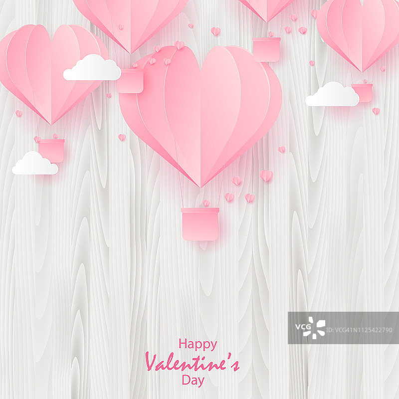 情人节快乐贺卡用剪纸剪成粉色心形，热气球放飞。向量图片素材